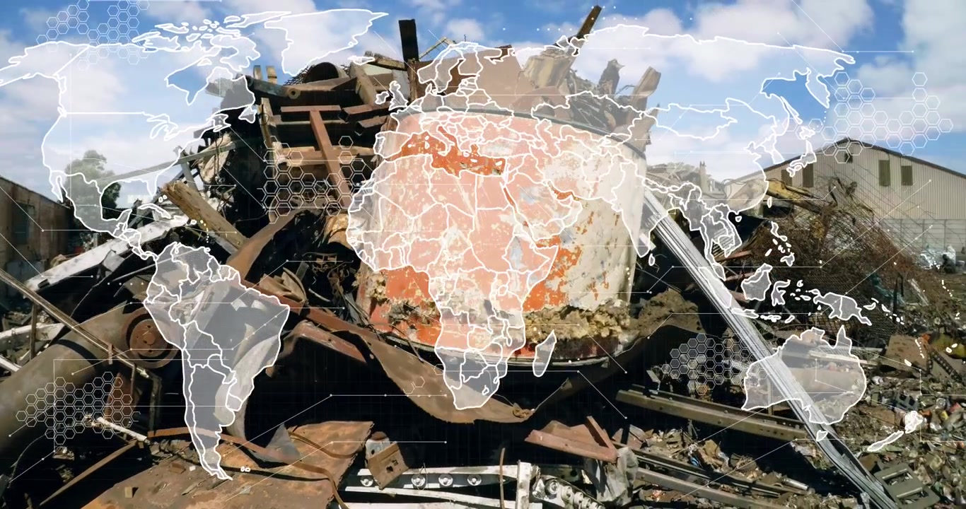 Animazione di mappa mondiale e icone su uno sfasciacarrozze