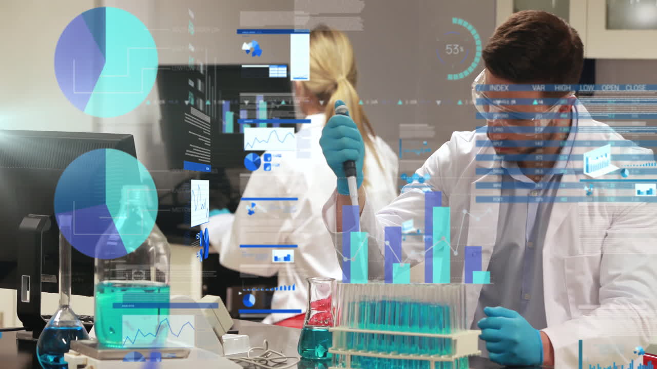 Two scientists pipetting in science lab, displaying floating holographic charts and test tubes