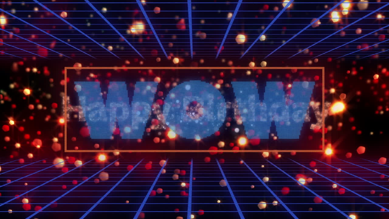 빛의 반점 위에 와우와 생일 축하 텍스트의 애니메이션