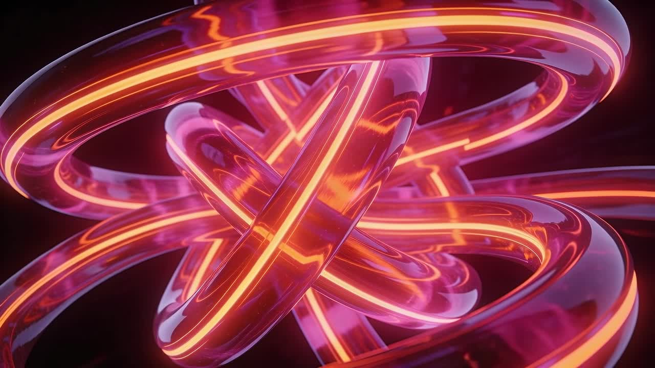 Inizia la rotazione di anelli toroidali lucidi e intrecciati che ruotano in uno studio buio, con strisce neon che pulsano.
