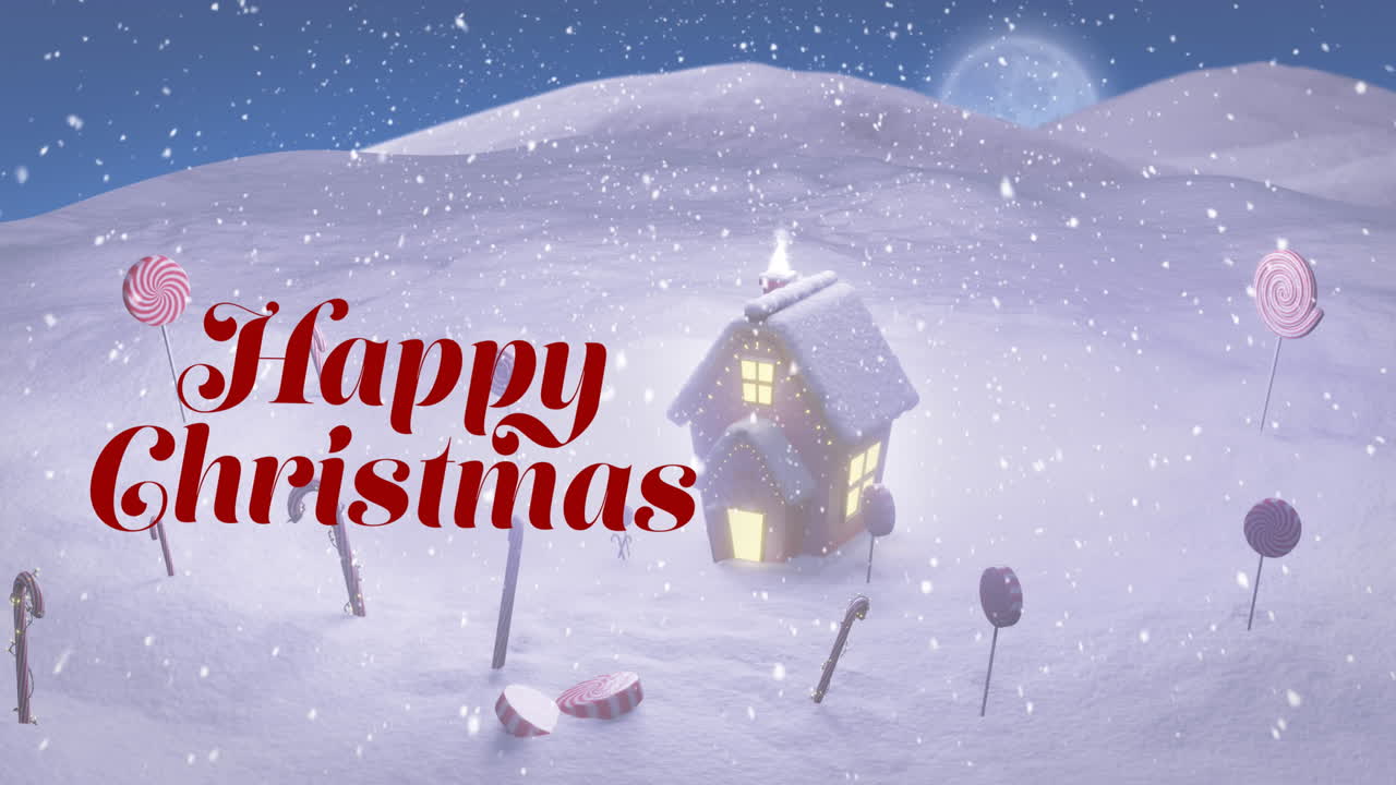 크리스마스 축하 문자의 애니메이션 캔디 막대기, 눈과 겨울 풍경의 집