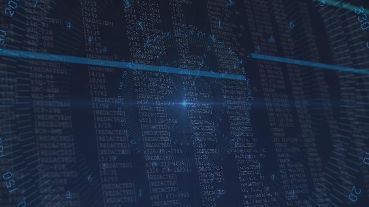Radial circular data visualization animating in interface, showing code streams and redacted tags