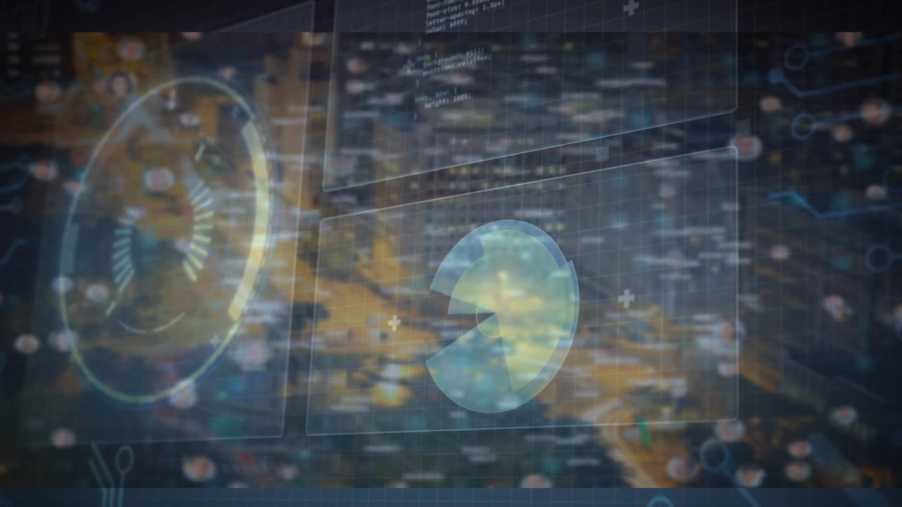 Night traffic trails starting overlay fading, code scrolling, gauge pulsing and pie chart rotating