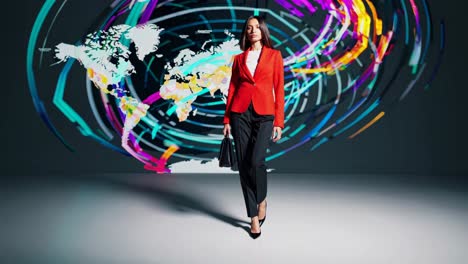 mujer de negocios frente a una proyección de mapa global