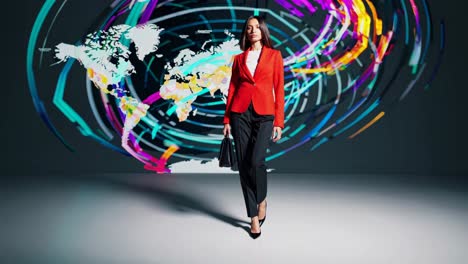 businesswoman in front of a global map projection