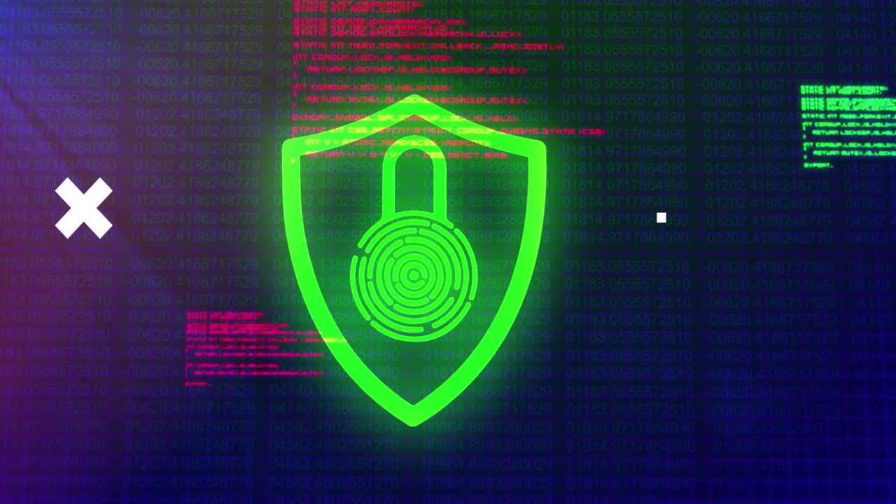 animación de cruces blancas sobre el globo, procesamiento de datos con candado y red a través de la sala de servidores