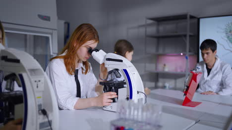 students learning about biology in a science lab using microscopes