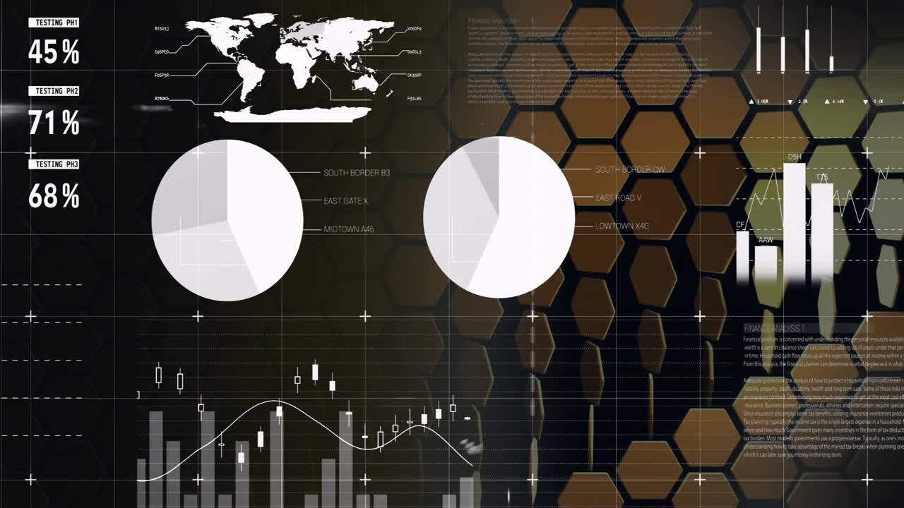 animación de datos financieros y estadísticas globales sobre un fondo de patrón hexagonal
