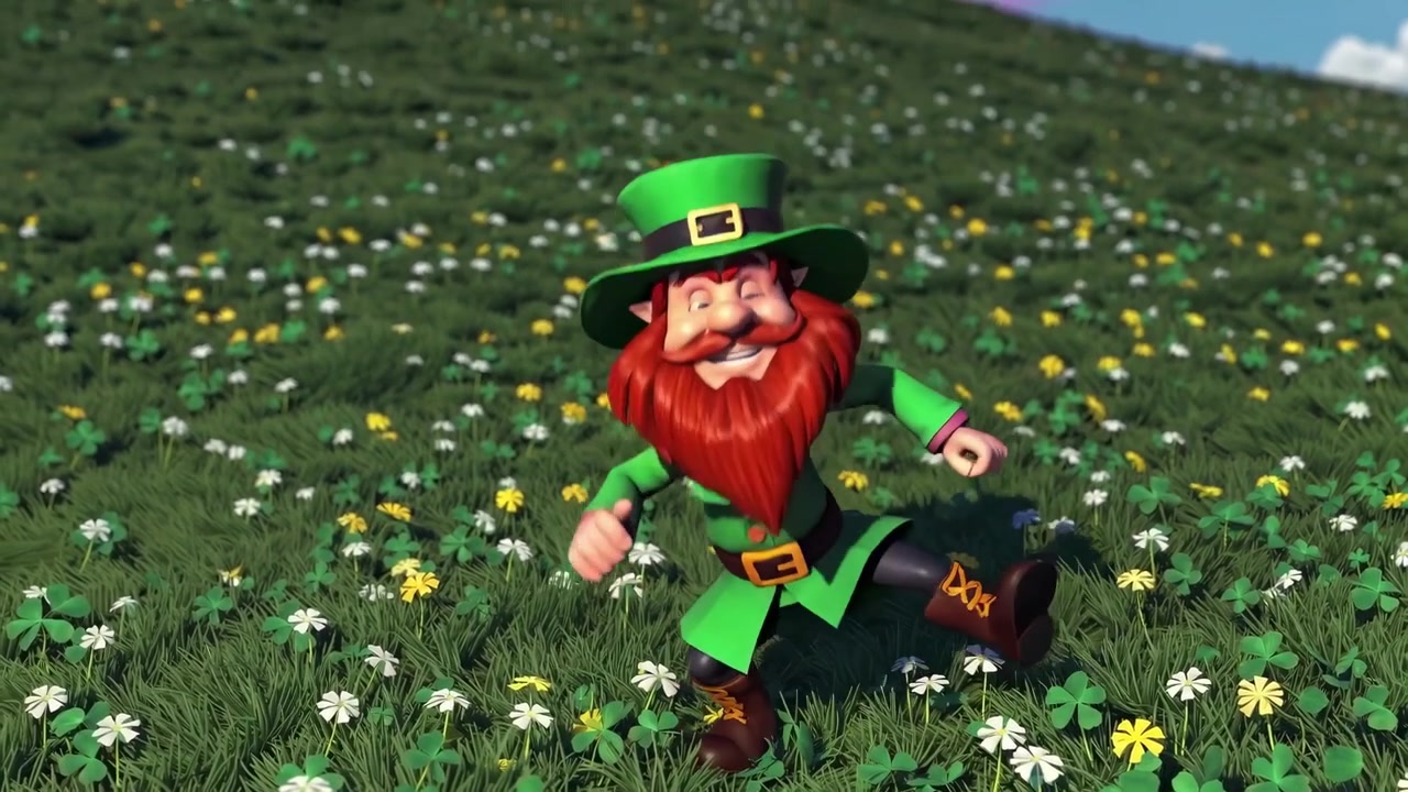 Glad tegneserie-leprechaun som danser en jig på en grønn kløvereng