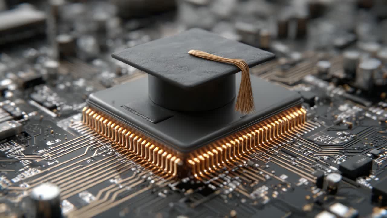 Una fusione creativa di istruzione e tecnologia: un tocco da laureato appoggiato su un circuito stampato, a simboleggiare l'intersezione tra apprendimento e innovazione