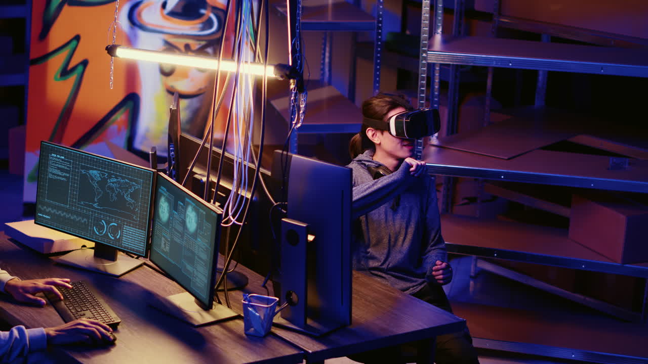 해커는 vr 헤드으로 악성코드를 작성합니다.