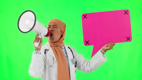 Muslim-woman,-doctor-and-megaphone-with-speech