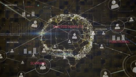 animación de la red de iconos de perfil sobre el cerebro humano contra la interfaz con el procesamiento de datos
