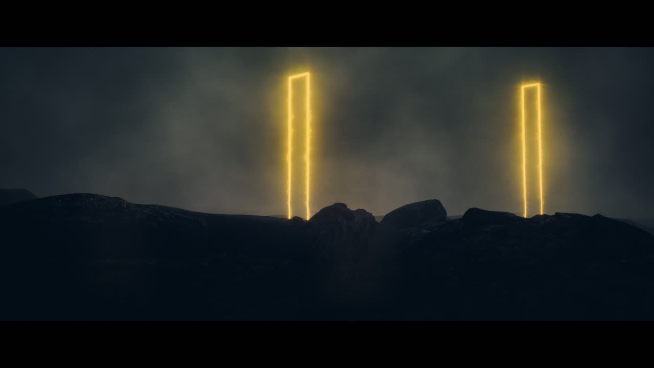 Rocky landscape with huge yellow light portal structures