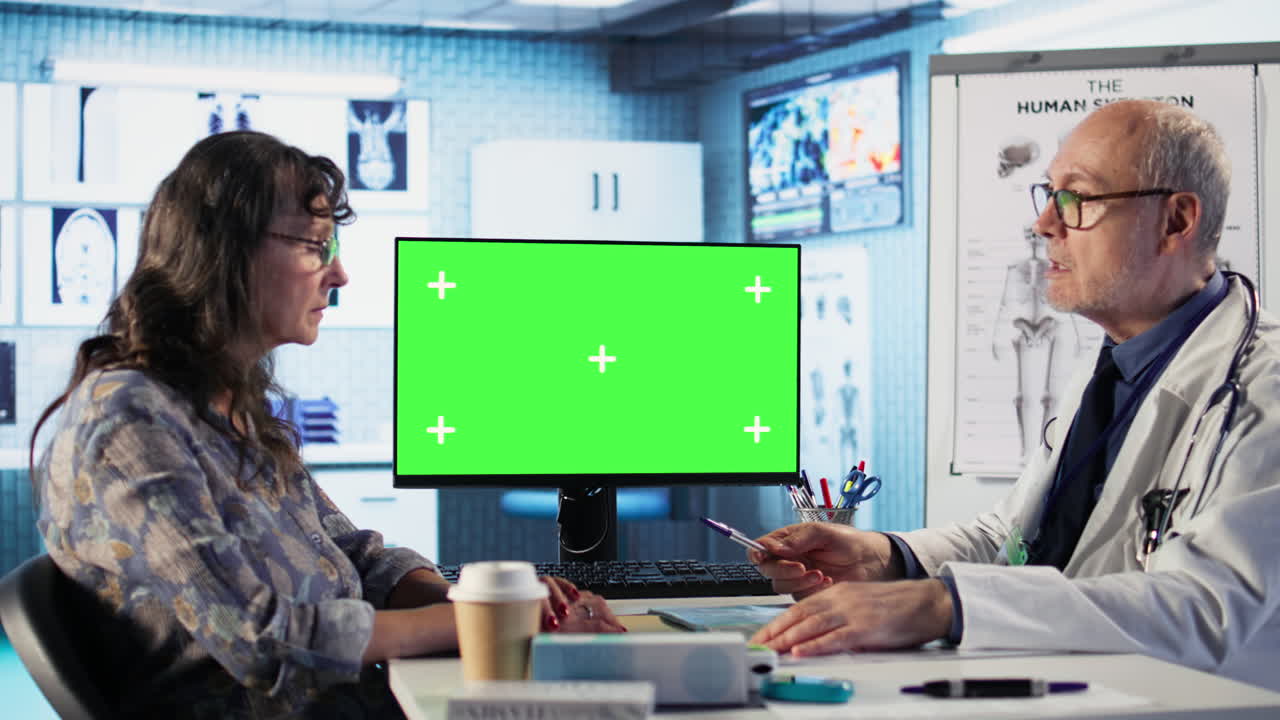 Experienced physician doing check up routine with patient next to chroma key