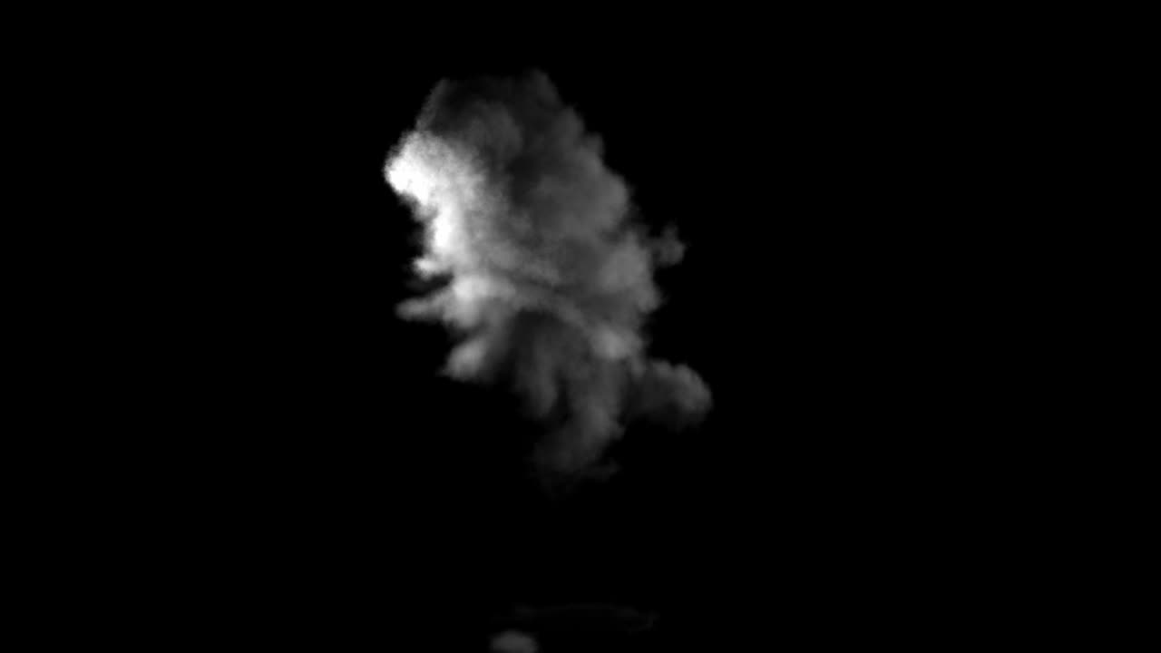 어두운 연기와 알파 채널을 가진 일부 조각의 트레일과 함께 앞면에서 크고 밀집된 폭발