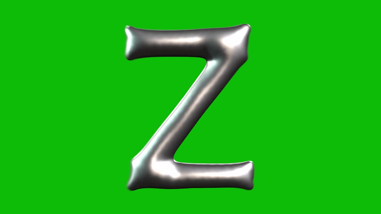 La lettera Z di un palloncino in lamina argentata si gonfia, ruota e si rivela su uno schermo verde in animazione 3D. Ideale per feste, party, compleanni e progetti di editing video.