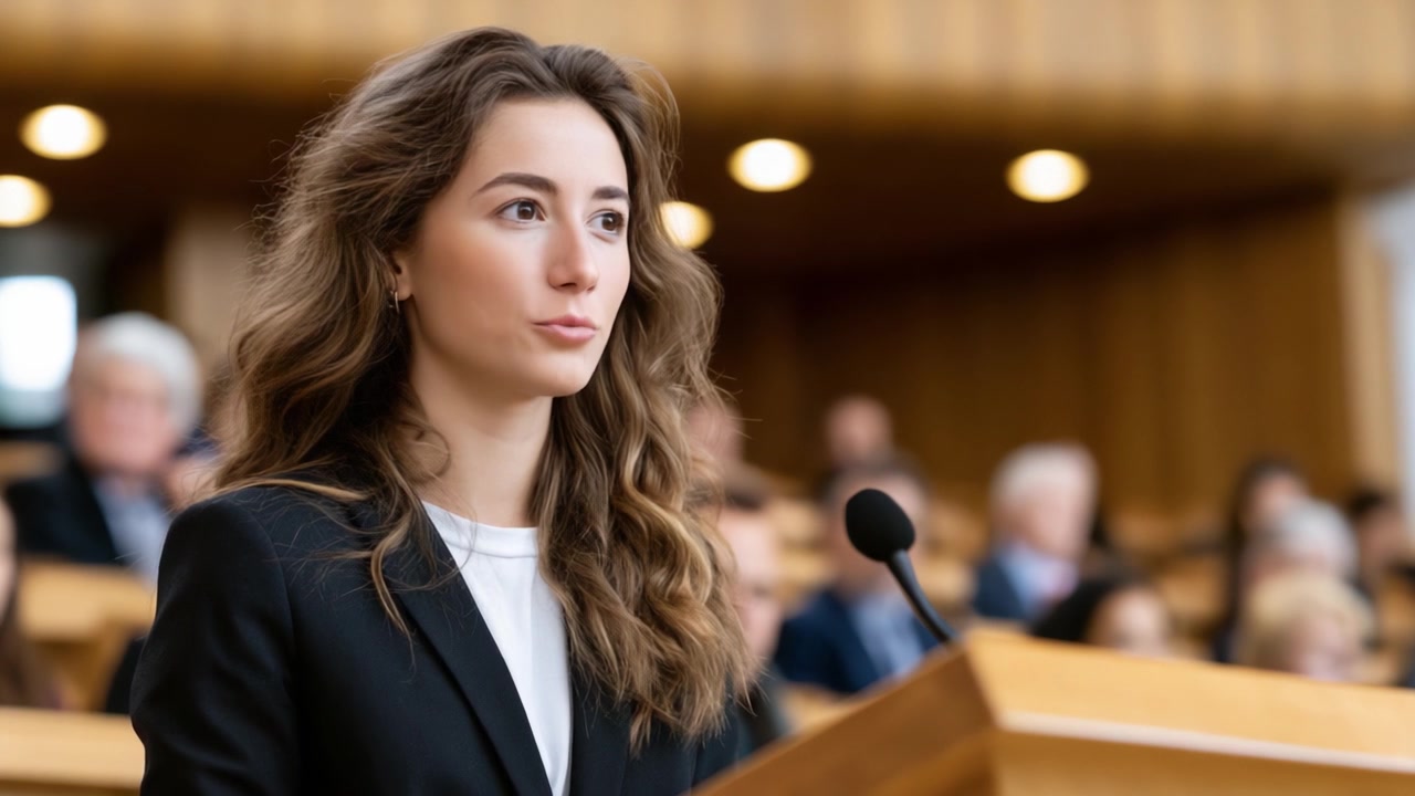 A Confident Speaker Engaging an Audience in a Formal Setting, Demonstrating Poise and Charisma While Speaking at the Podium with a Focused Expression