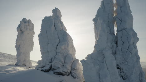 snowy rock formations in a mountainous landscape