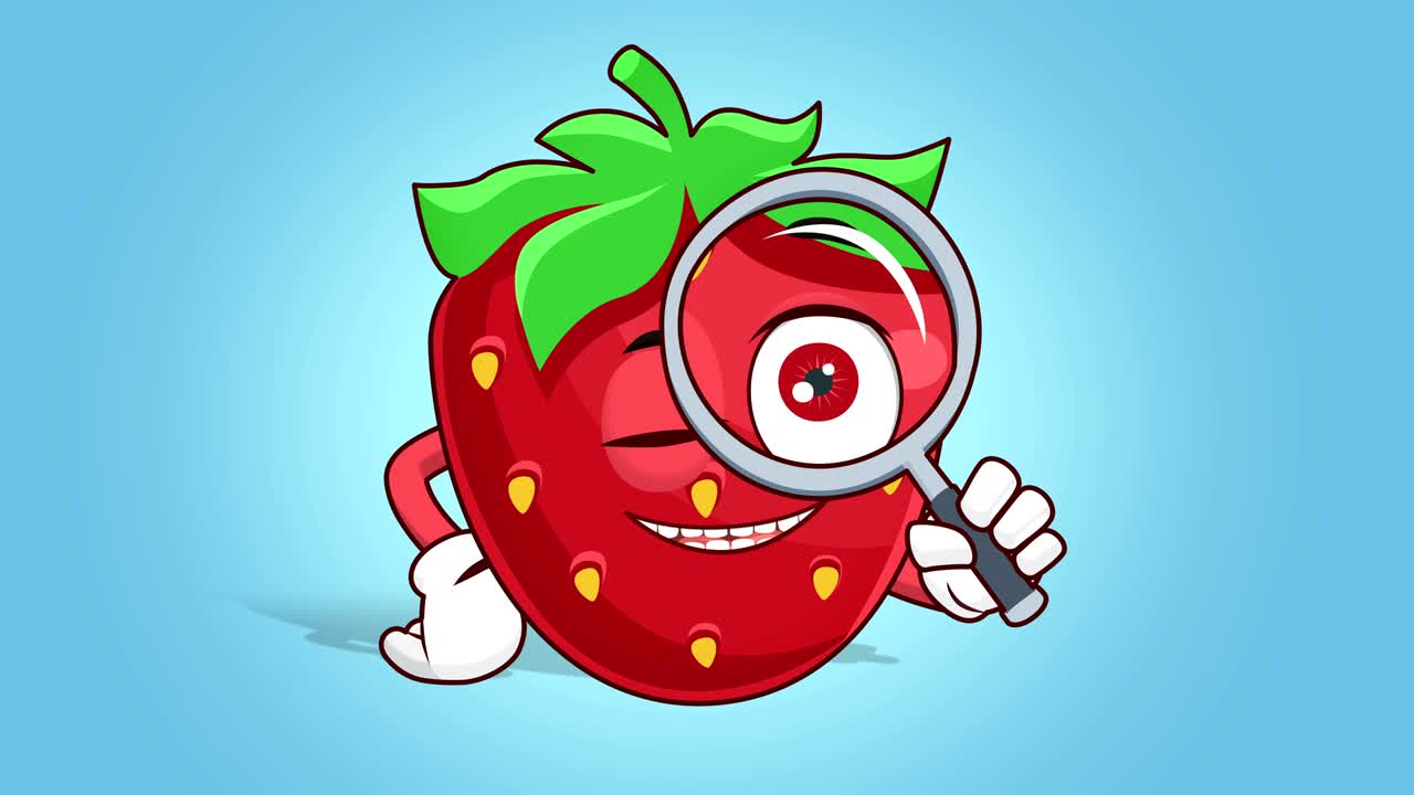 만화 딸기 얼굴 애니메이션 루마 매트와 함께 확대 유리