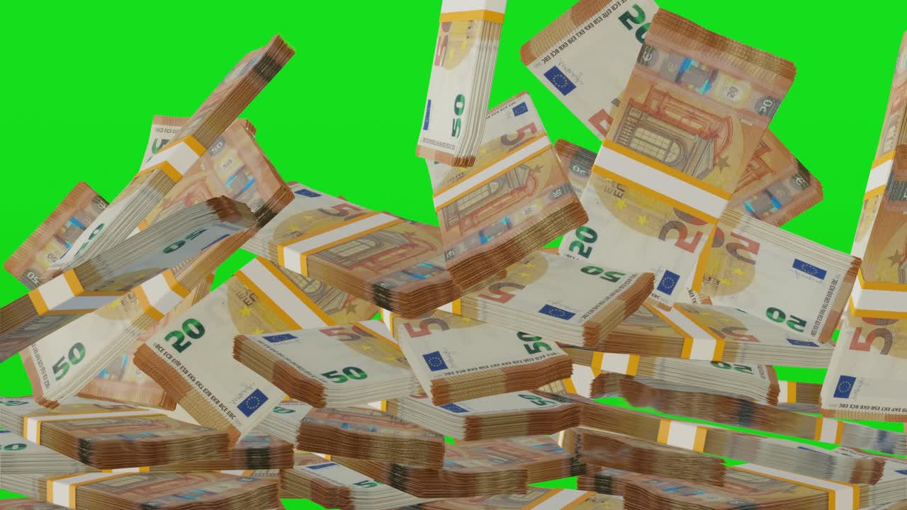 Viele Geldbündel fallen auf Chromakey-Hintergrund. 50-Euro-Banknoten. Geldstapel.