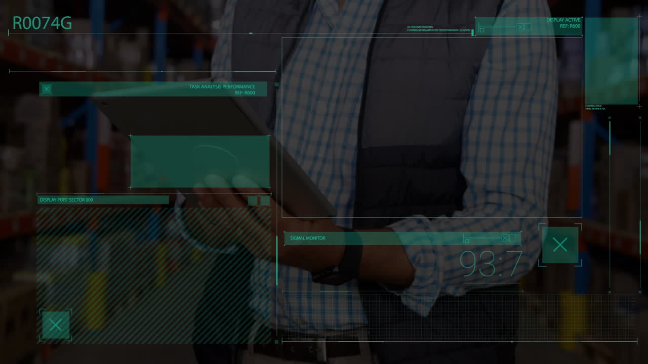 Animation of financial data processing over caucasian man working in warehouse