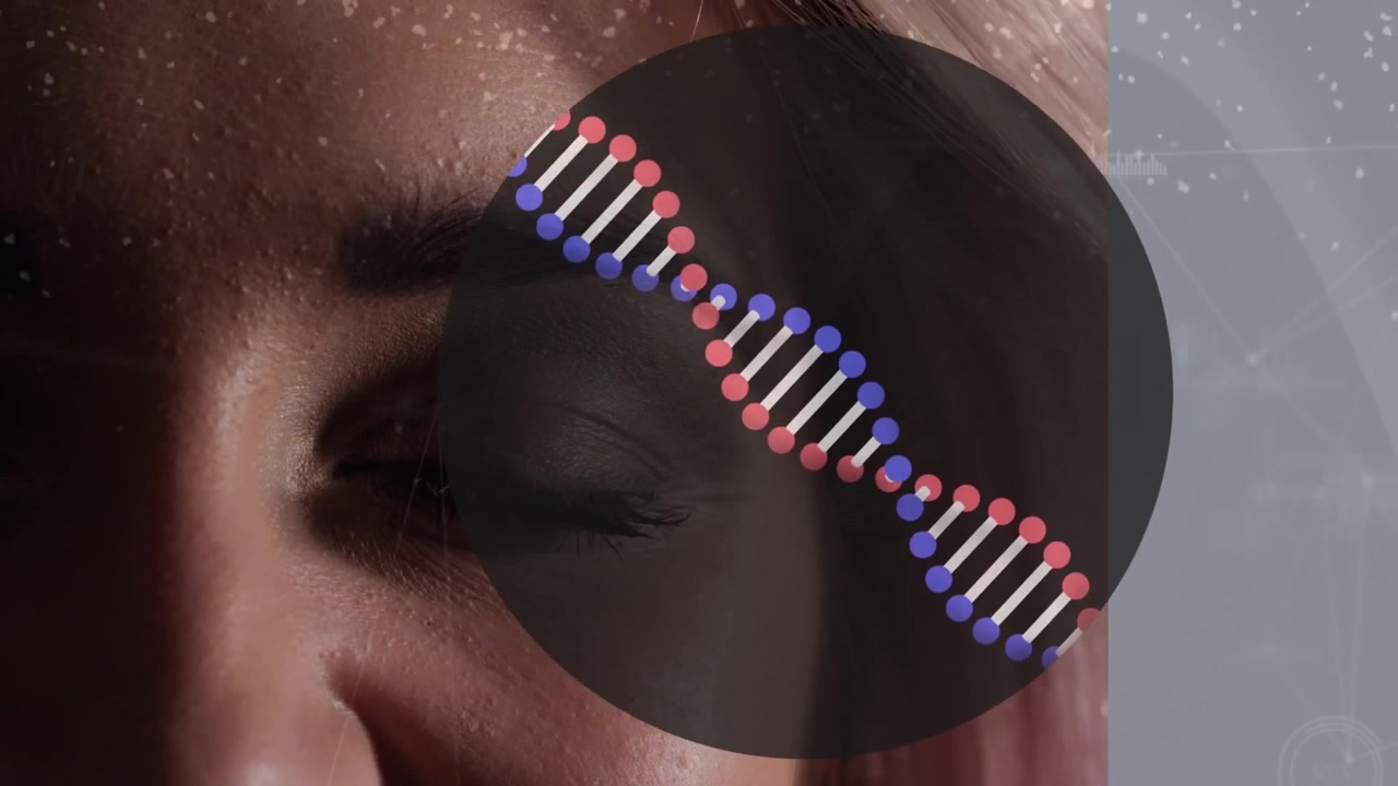 Animation of dna strand and network of connections over eye of caucasian woman