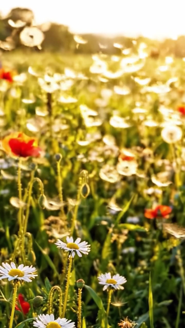 Un vibrante campo di fiori selvatici: catturando la bellezza illuminata dal sole della natura in un prato panoramico pieno di fioriture colorate e vegetazione lussureggiante.