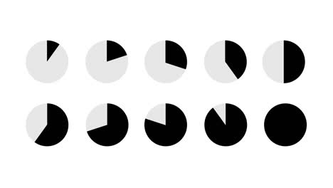 a set of simple, flat, animated pie charts. the graphs range from 10% to 100%.