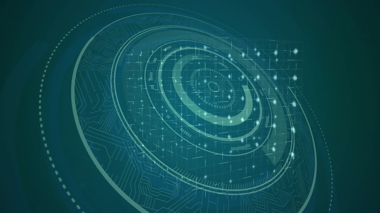 interfaz digital futurista con círculos giratorios y animación de puntos de datos