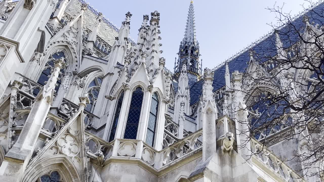 Intricate gothic stonework on the flying buttresses round the back of Votive Church (Votivkirche) in Vienna Austria