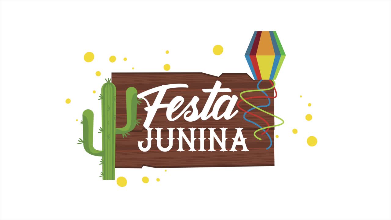 animación de letras de festa junina con cometa y cactus