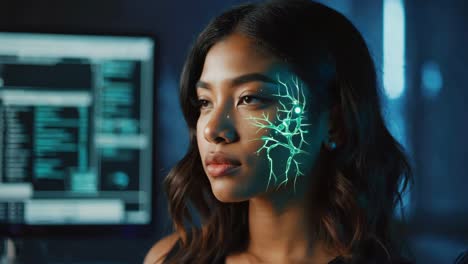futuristic woman with neural network facial projection