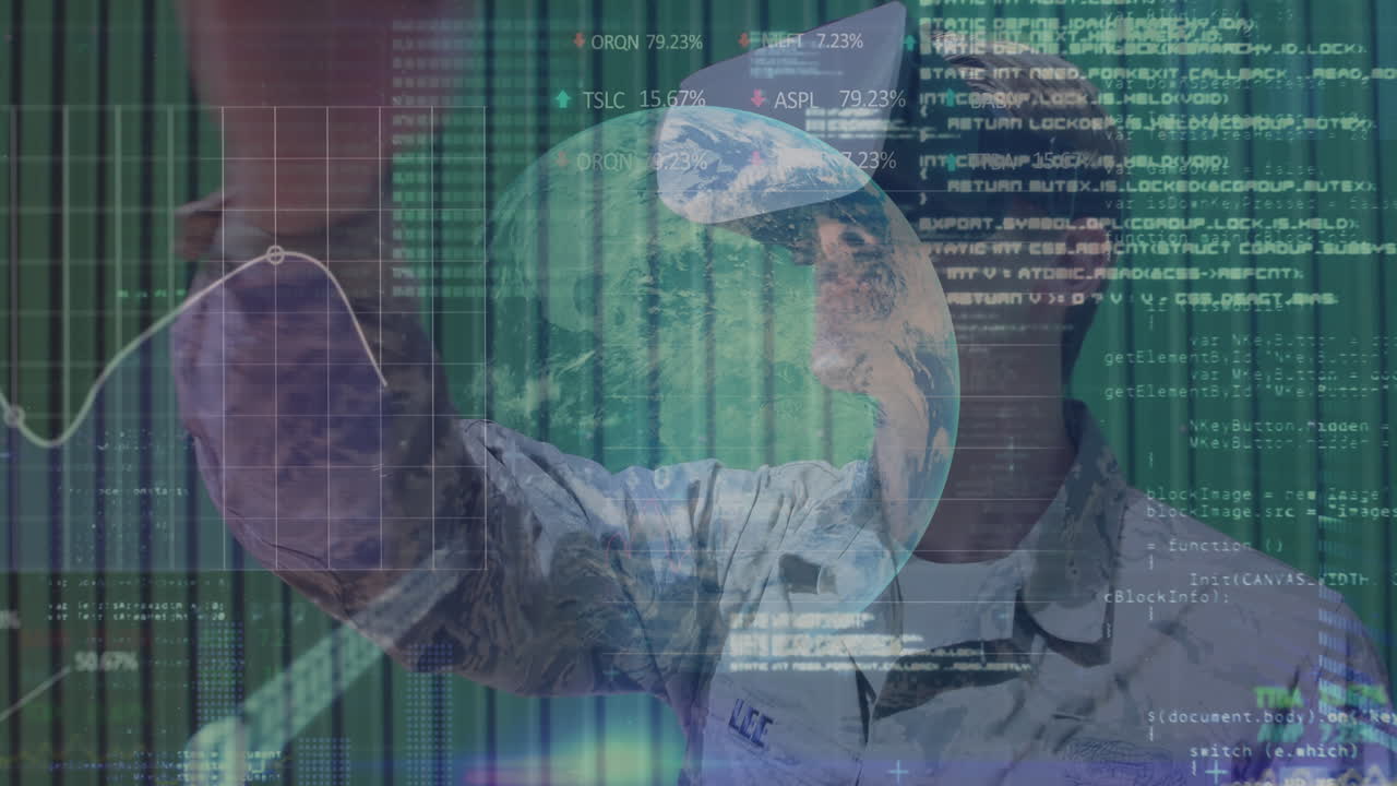 animación del procesamiento de datos sobre el hombre caucásico con auriculares vr