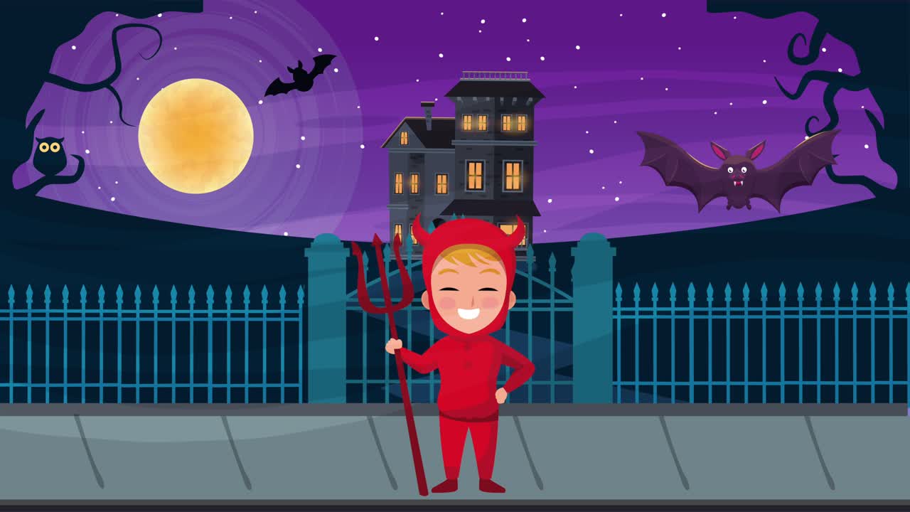 feliz escena animada de halloween con el pequeño diablo y la casa embrujada