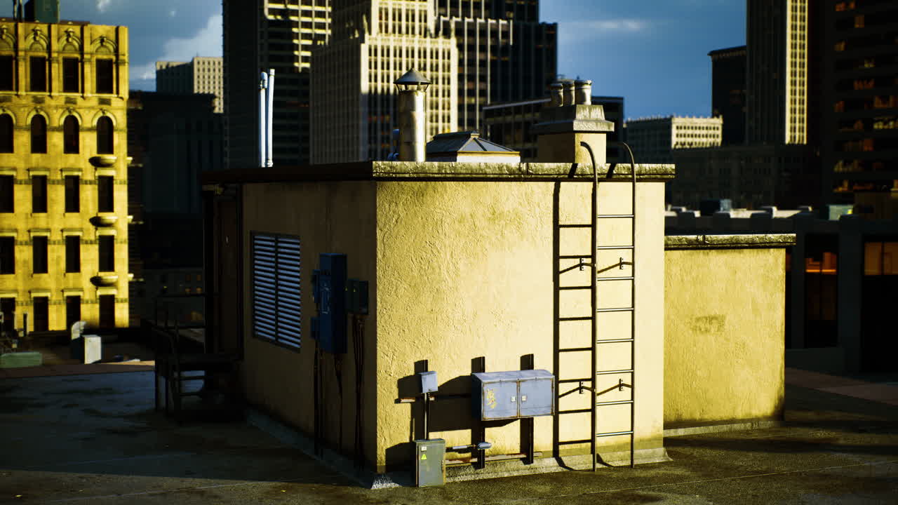 Urban rooftop with ladder and utility panels during sunset in the city