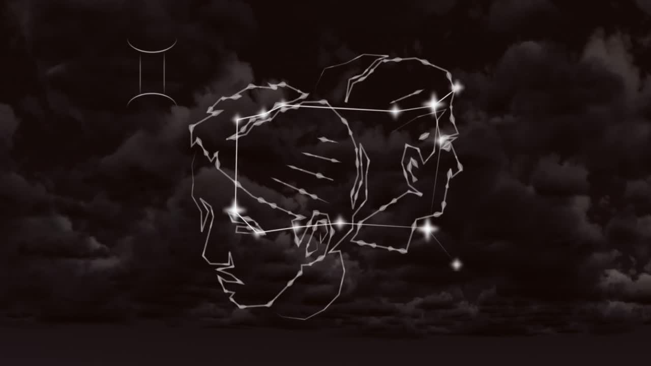 animación del signo de la estrella gemini en nubes de humo en el fondo