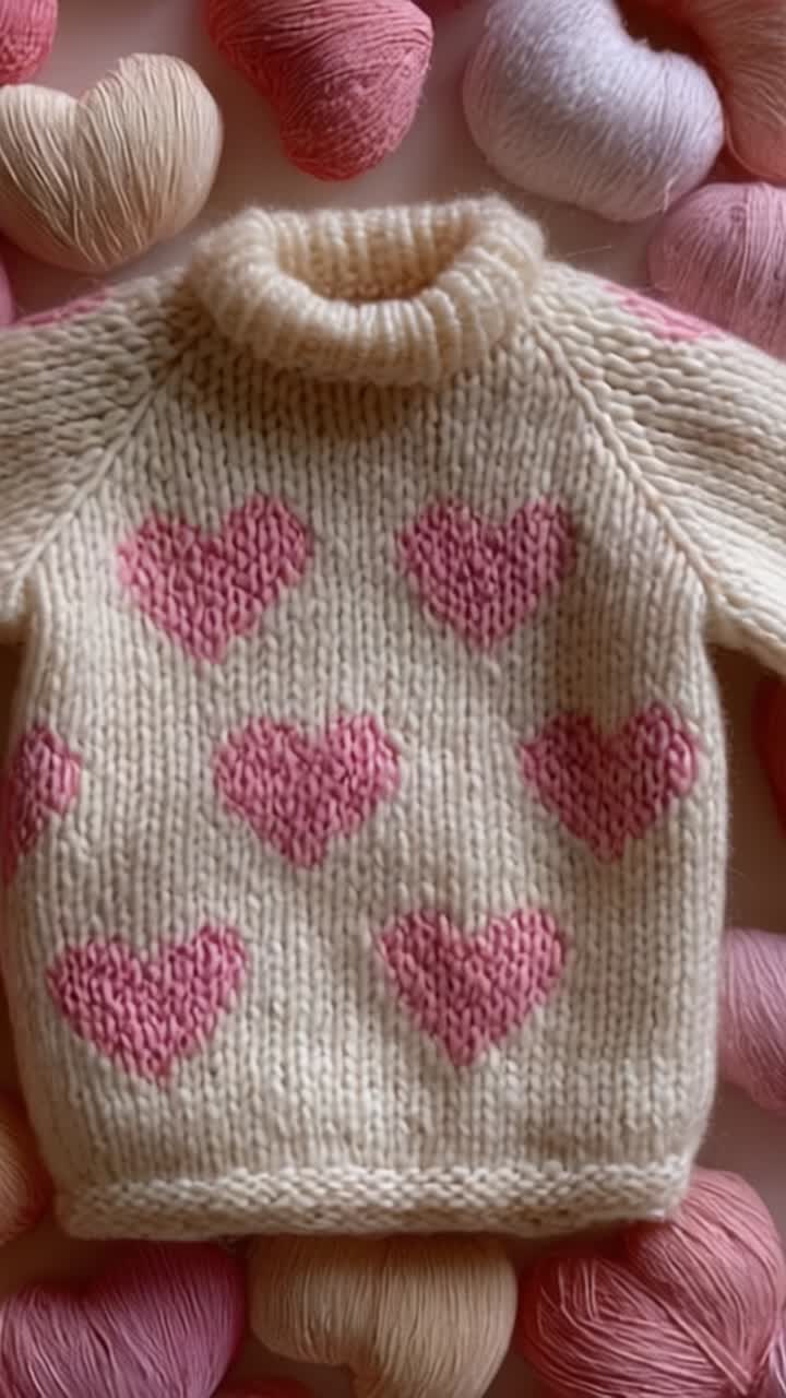 Ein wunderschön gearbeiteter Strickpullover, verziert mit rosa Herzen, umgeben von pastellfarbenen Garnknäueln, der kreative Handwerkskunst und die Liebe zur handgemachten Modekunst zeigt.