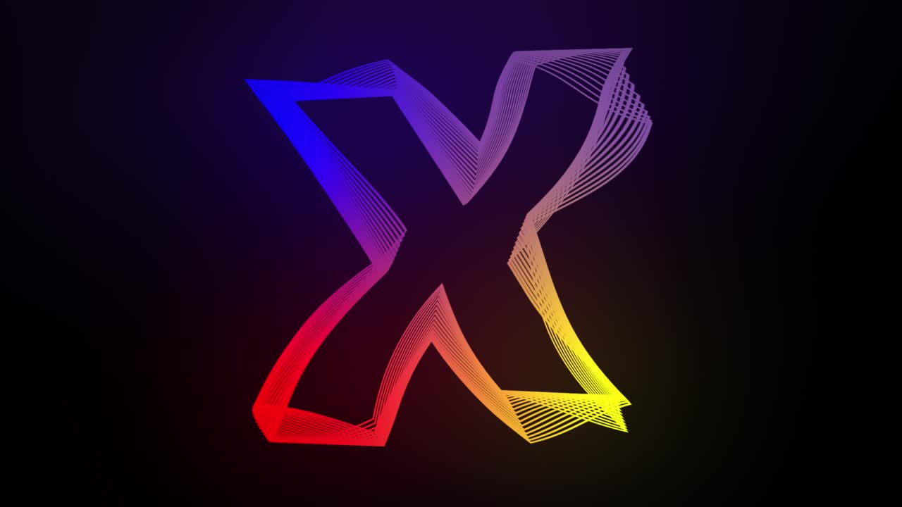 3D Letter X swirling lines animation on dark gradient background abstract dynamic motion graphics particle glow typography visual effect rainbow digital alphabet