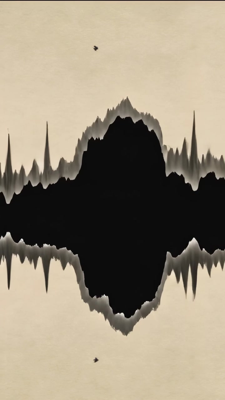Vertical video: Animation starting, black wave pulsing, morphing on paper as art, mirrored below
