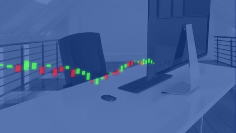 animation of financial data processing over desk with computer in office