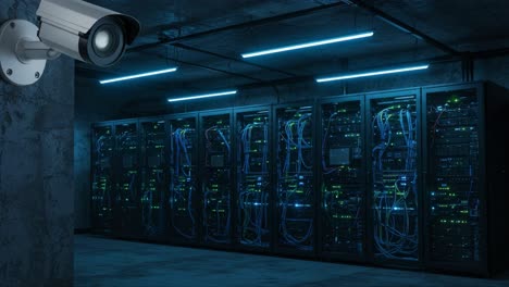 surveillance camera overlooking a server room filled with high-tech equipment and dim blue lighting, ensuring security and monitoring operations in a modern data center