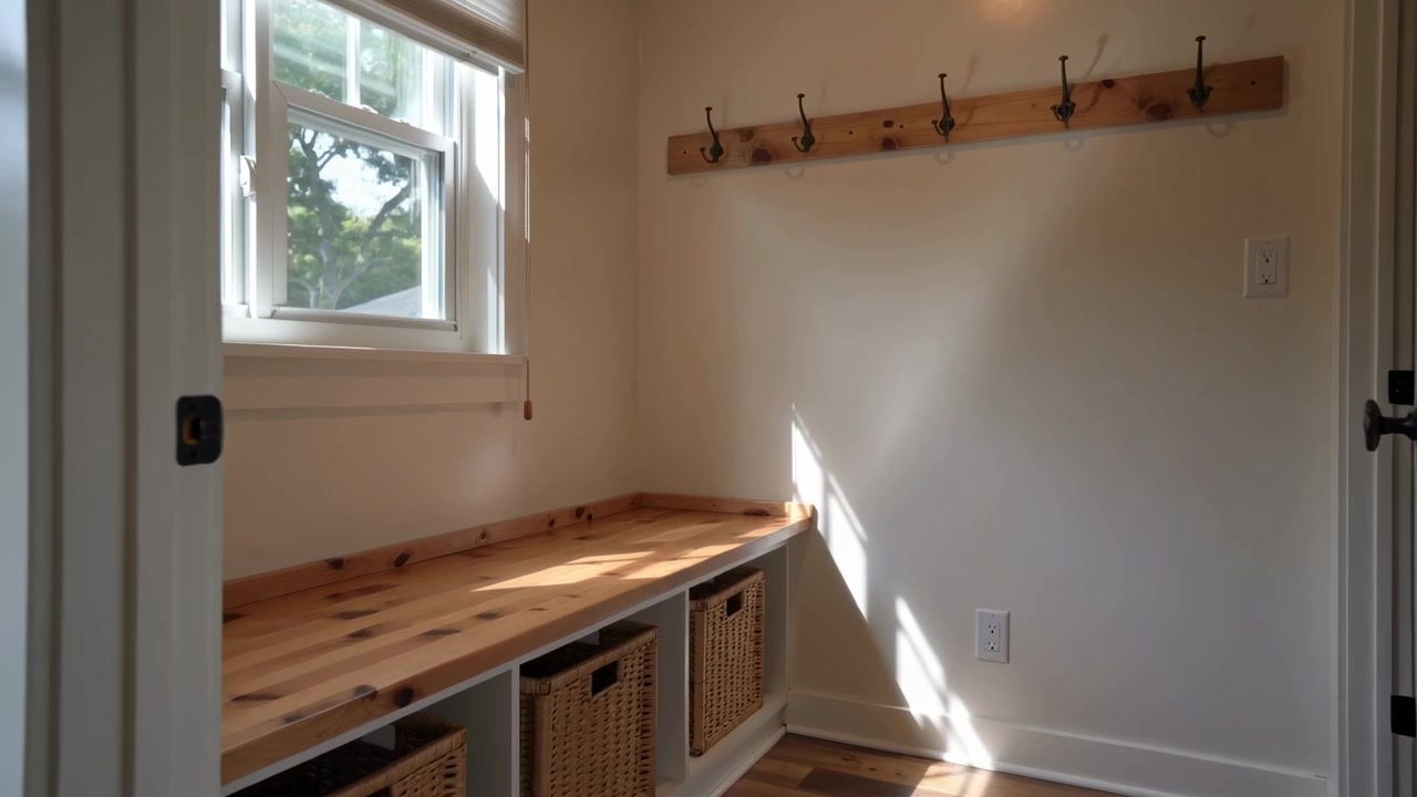 Panning camera revealing built-in bench with three baskets, coat rack and window, sunlight shifting