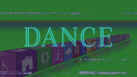 animación de interferencia sobre iconos de medios y texto de danza