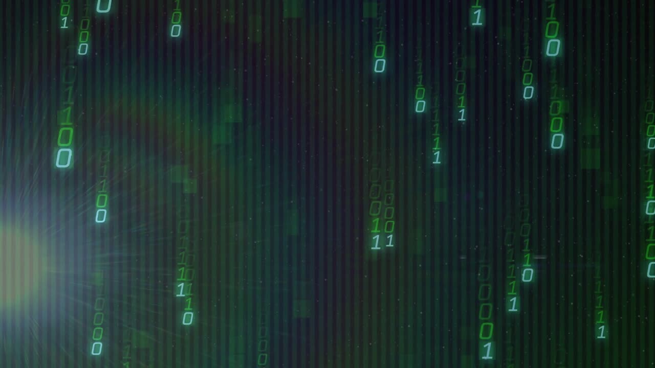 Bright light entering lower left creating lens flare, binary digits cascading into code simulation