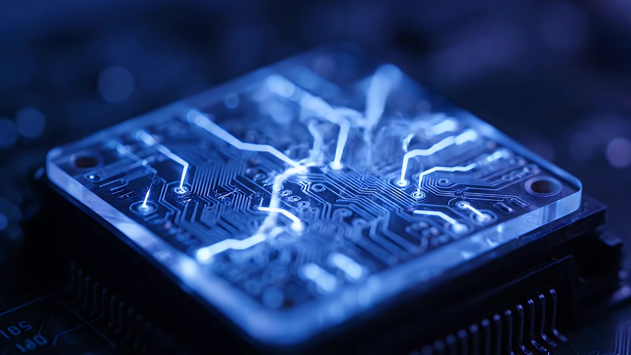 Close-up of a Computer Processor Chip with Glowing Blue Circuitry