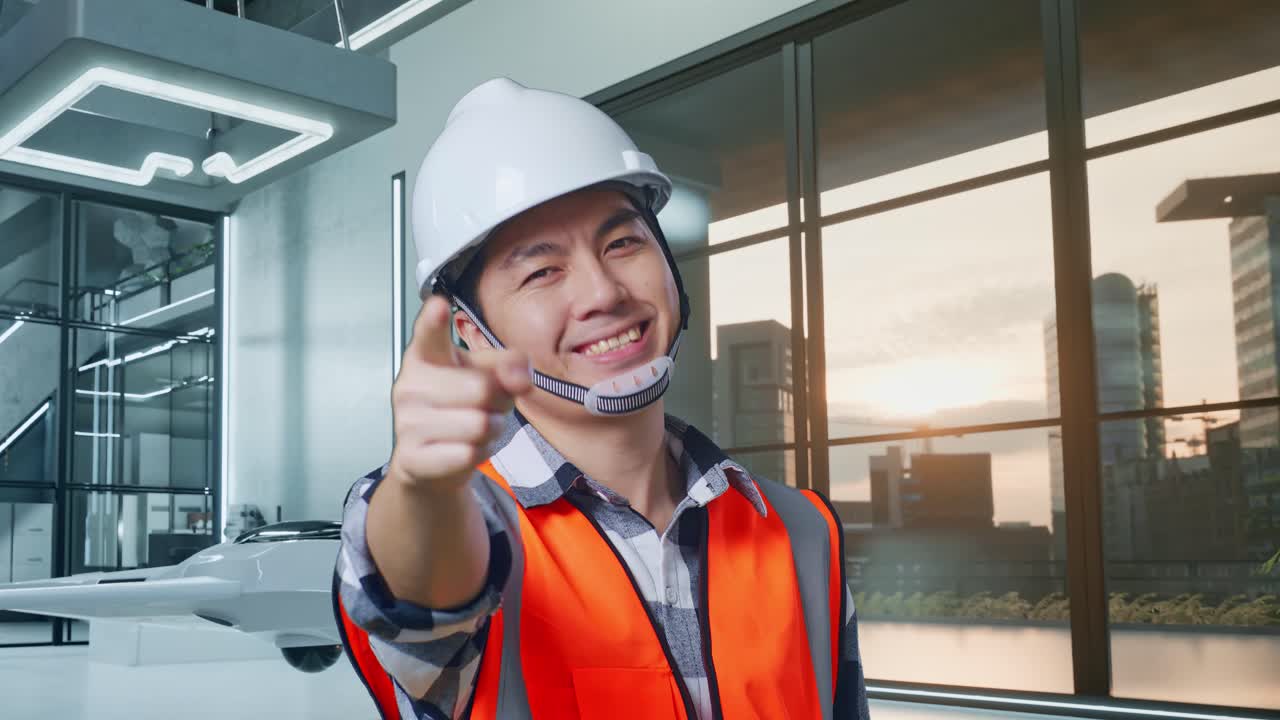안전 헬을 입은 아시아 남성 엔지니어가 웃으며 가을 만지며 드론 프로젝트와 함께 서있는 동안 당신을 가리키고 있습니다.