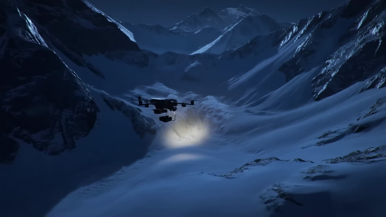 Drone Sweeping Snow Filled Mountain Canyon, Bright Spotlight Cutting Through Cold Blue Night, Aerial Search