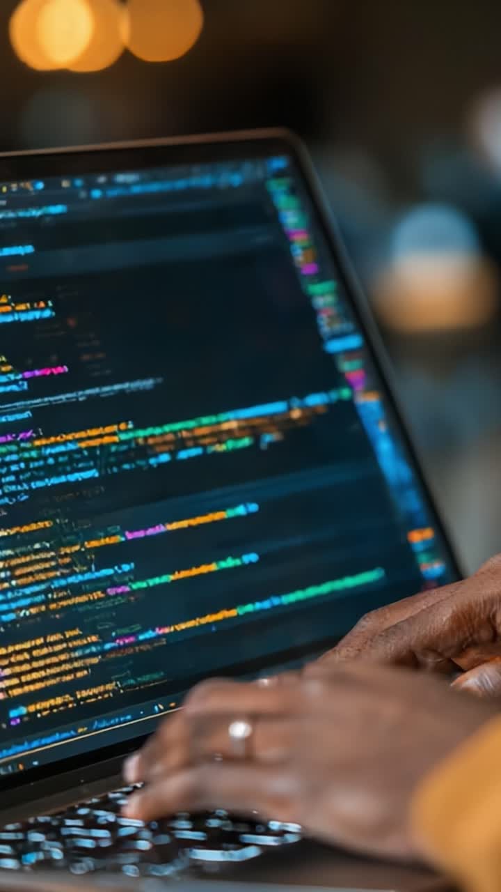 A close-up of a programmer's hands typing on a laptop, showcasing colorful code on the screen in a vibrant workspace, highlighting the art of software development