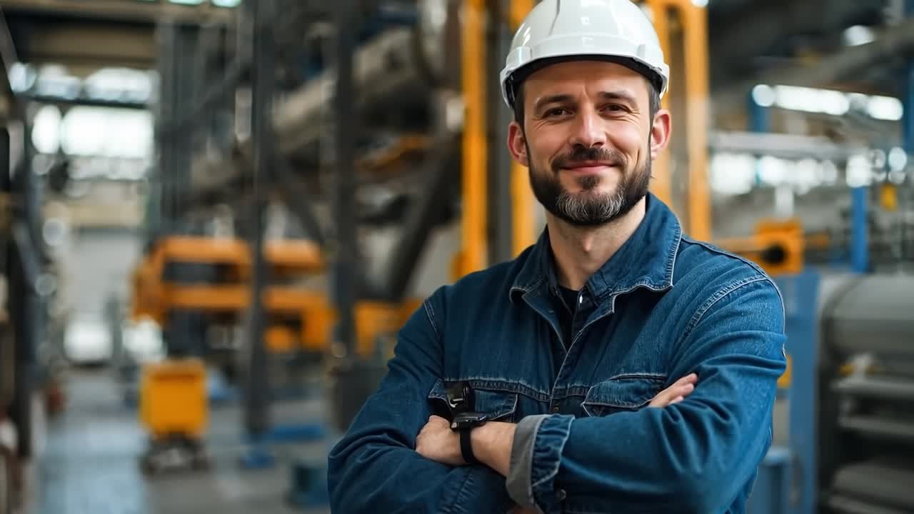 Um homem vestindo um chapéu duro de pé em uma fábrica